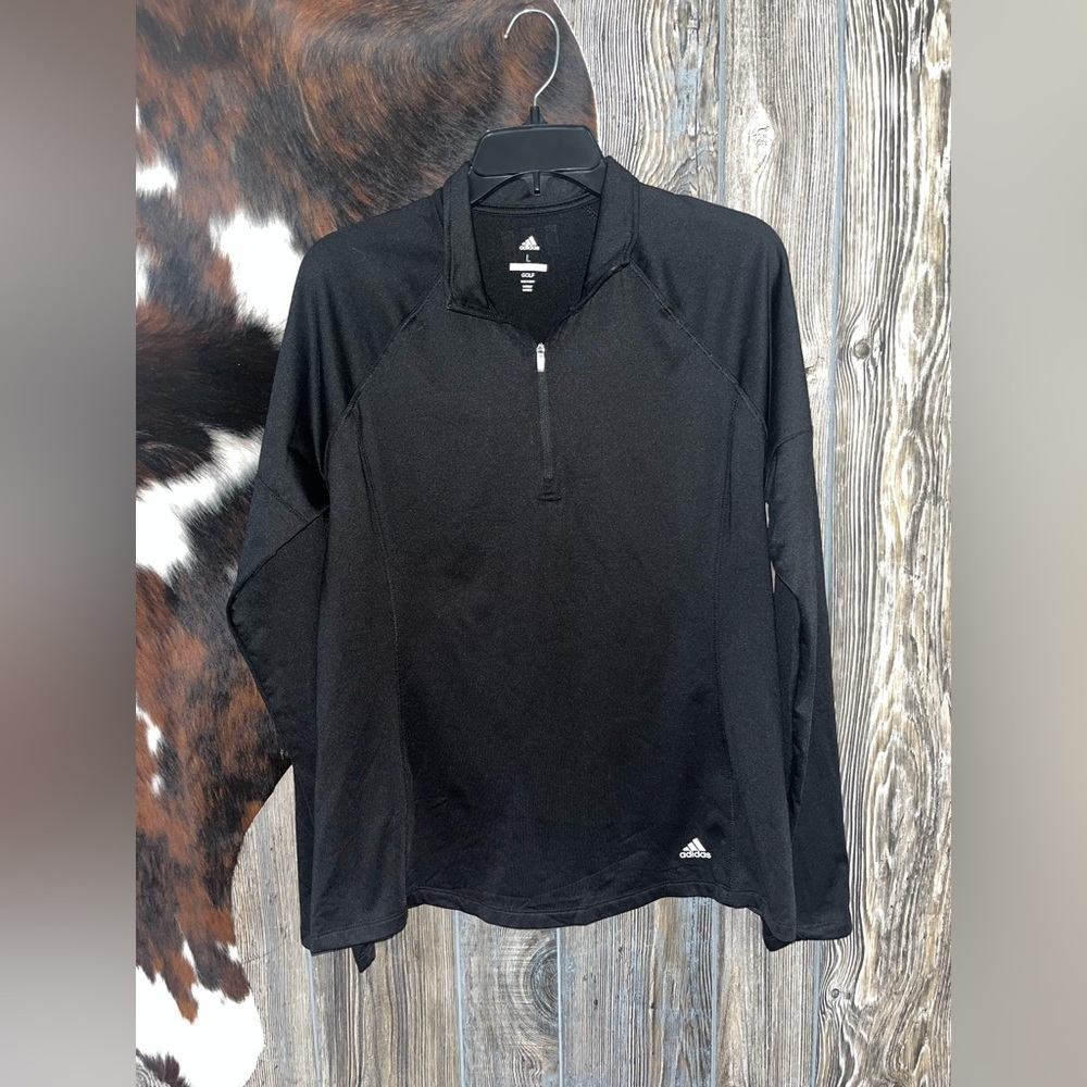Adidas Golf women’s size large  Black 1/4 zip Long Sleeve Shirt with thumb holes